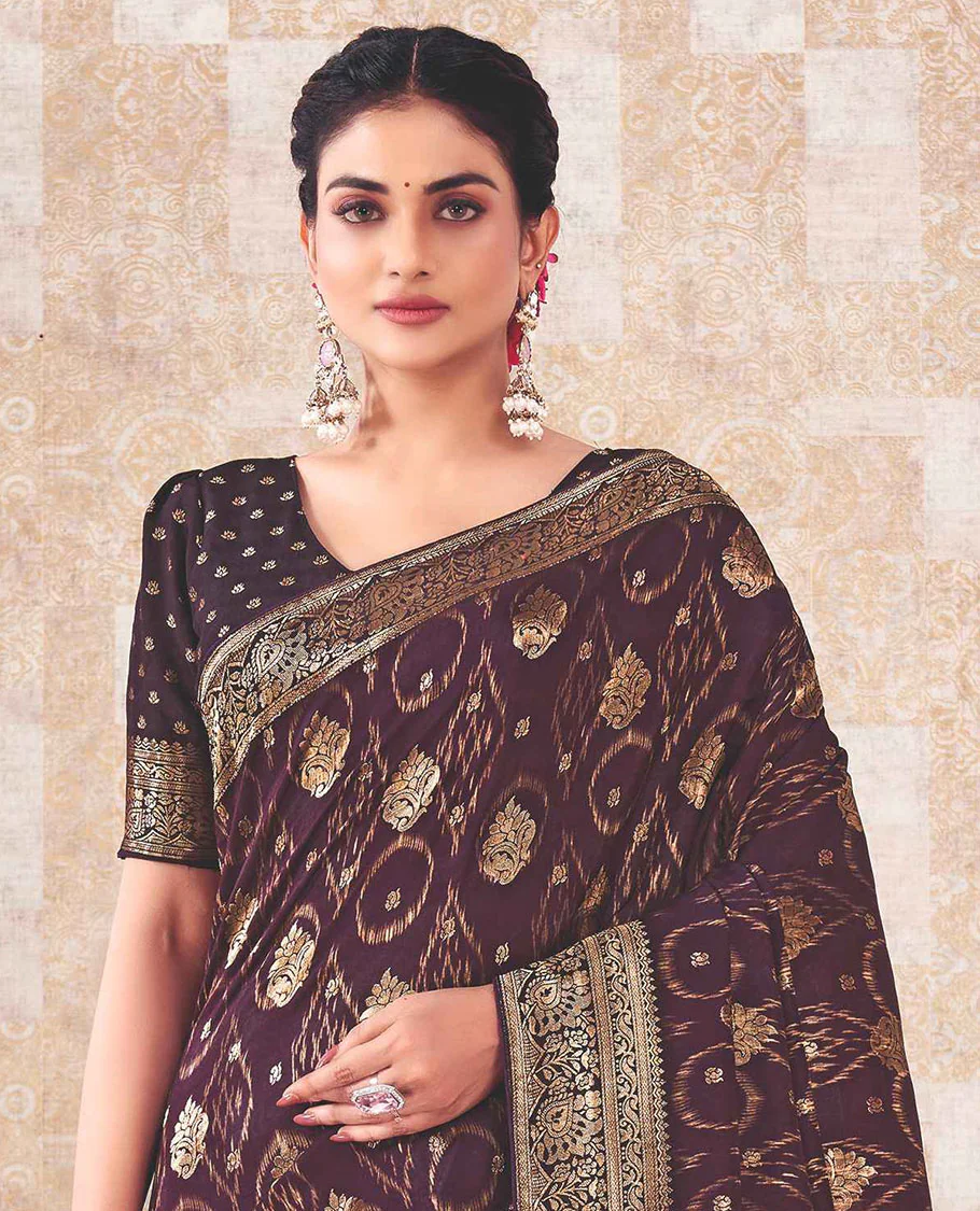 Purple saree with buttas, zari border & pallu features intricate floral designs - Image 2