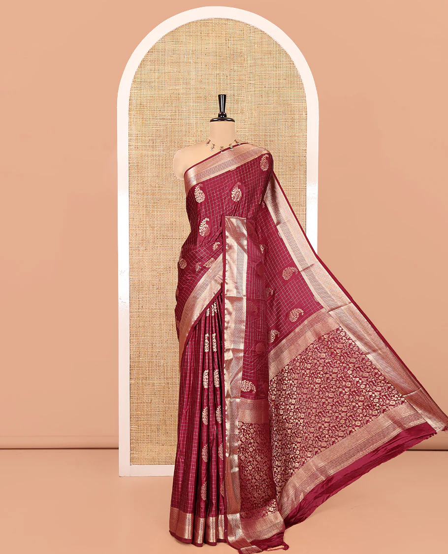 Purple Satin Silk Saree, Enriched with Paisleys and Zari Checked Design on Its Body, Highlighted by Zari Traditional Design Border, Floral Jaal Pallu, and Paired with a Matching Blouse
