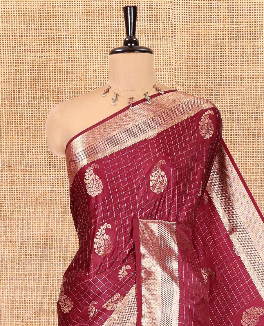 Purple Satin Silk Saree, Enriched with Paisleys and Zari Checked Design on Its Body, Highlighted by Zari Traditional Design Border, Floral Jaal Pallu, and Paired with a Matching Blouse - Image 2