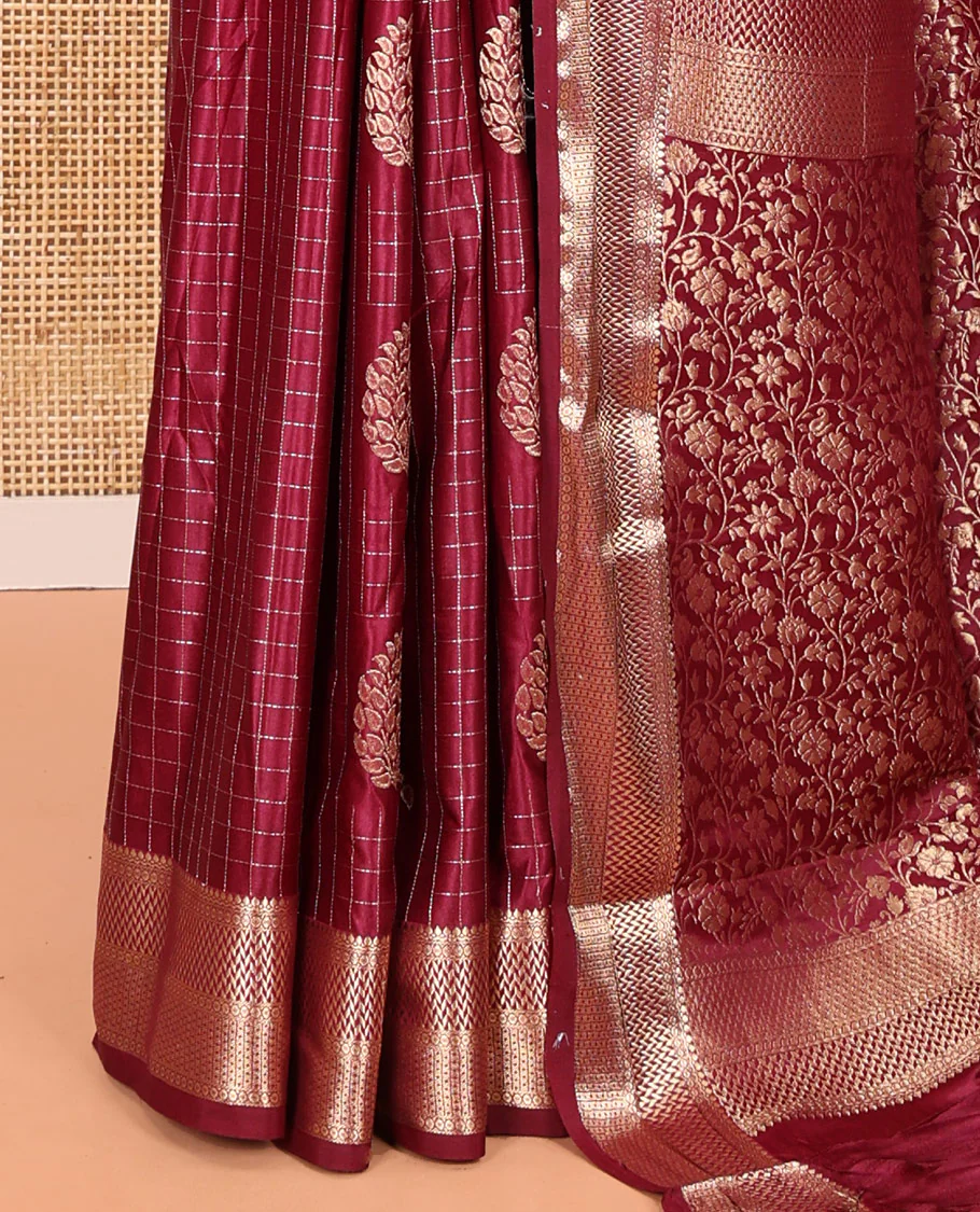 Purple Satin Silk Saree, Enriched with Paisleys and Zari Checked Design on Its Body, Highlighted by Zari Traditional Design Border, Floral Jaal Pallu, and Paired with a Matching Blouse - Image 3