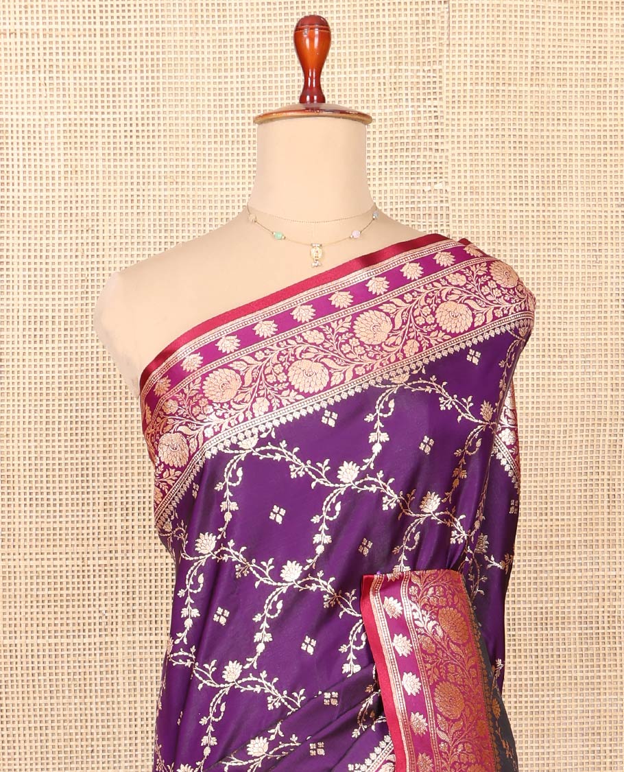 Purple Semi-Banaras Saree, Majestically Detailed with Jaal Jacquard on Its Body, Complemented by Floral Creeper Design Border, Intricately Designed Pallu, and Paired with a Contrast Blouse - Image 2
