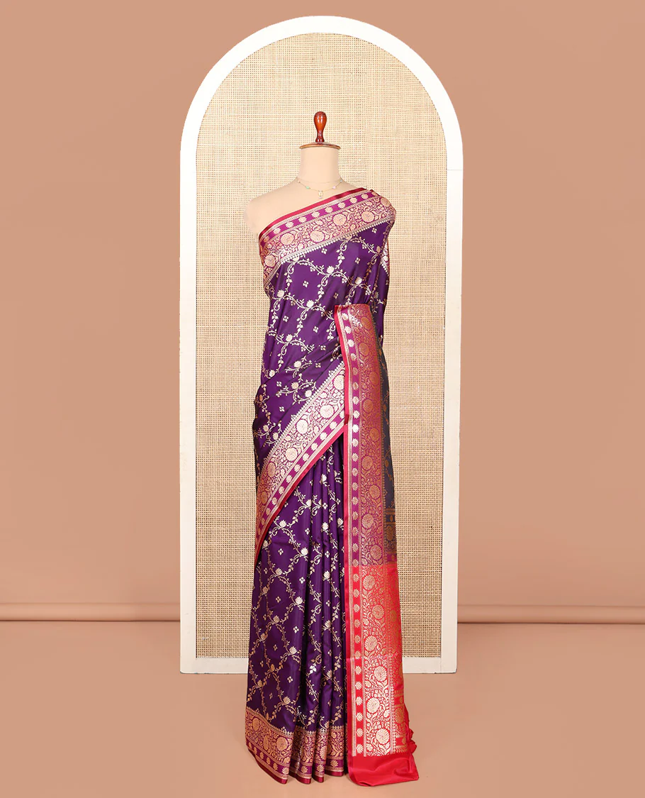 Purple Semi-Banaras Saree, Majestically Detailed with Jaal Jacquard on Its Body, Complemented by Floral Creeper Design Border, Intricately Designed Pallu, and Paired with a Contrast Blouse - Image 3