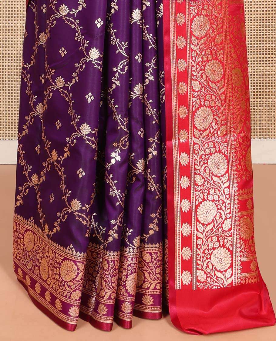 Purple Semi-Banaras Saree, Majestically Detailed with Jaal Jacquard on Its Body, Complemented by Floral Creeper Design Border, Intricately Designed Pallu, and Paired with a Contrast Blouse - Image 4