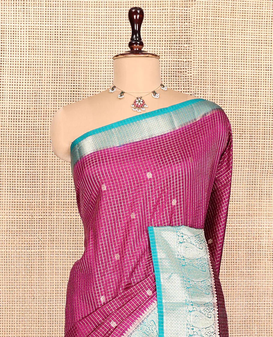 Purple Semi-Banarasi Dupion Saree, Bedecked with Zari Buttas and Checks, a Contrast Paisley Zari Border, Striped Pallu, and a Contrast Blouse - Image 2
