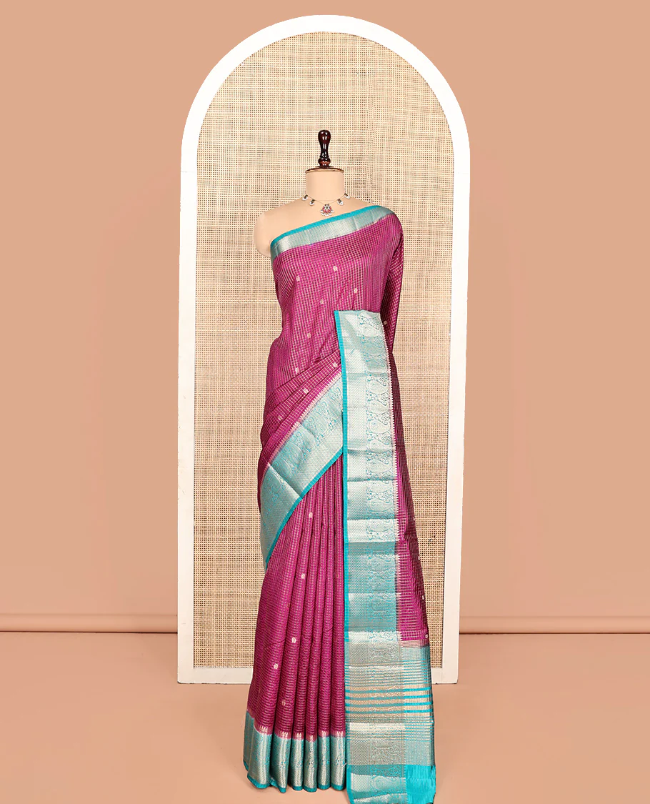 Purple Semi-Banarasi Dupion Saree, Bedecked with Zari Buttas and Checks, a Contrast Paisley Zari Border, Striped Pallu, and a Contrast Blouse - Image 3