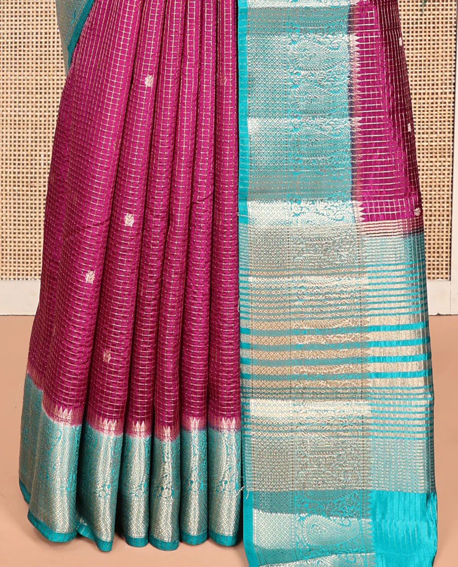 Purple Semi-Banarasi Dupion Saree, Bedecked with Zari Buttas and Checks, a Contrast Paisley Zari Border, Striped Pallu, and a Contrast Blouse - Image 4