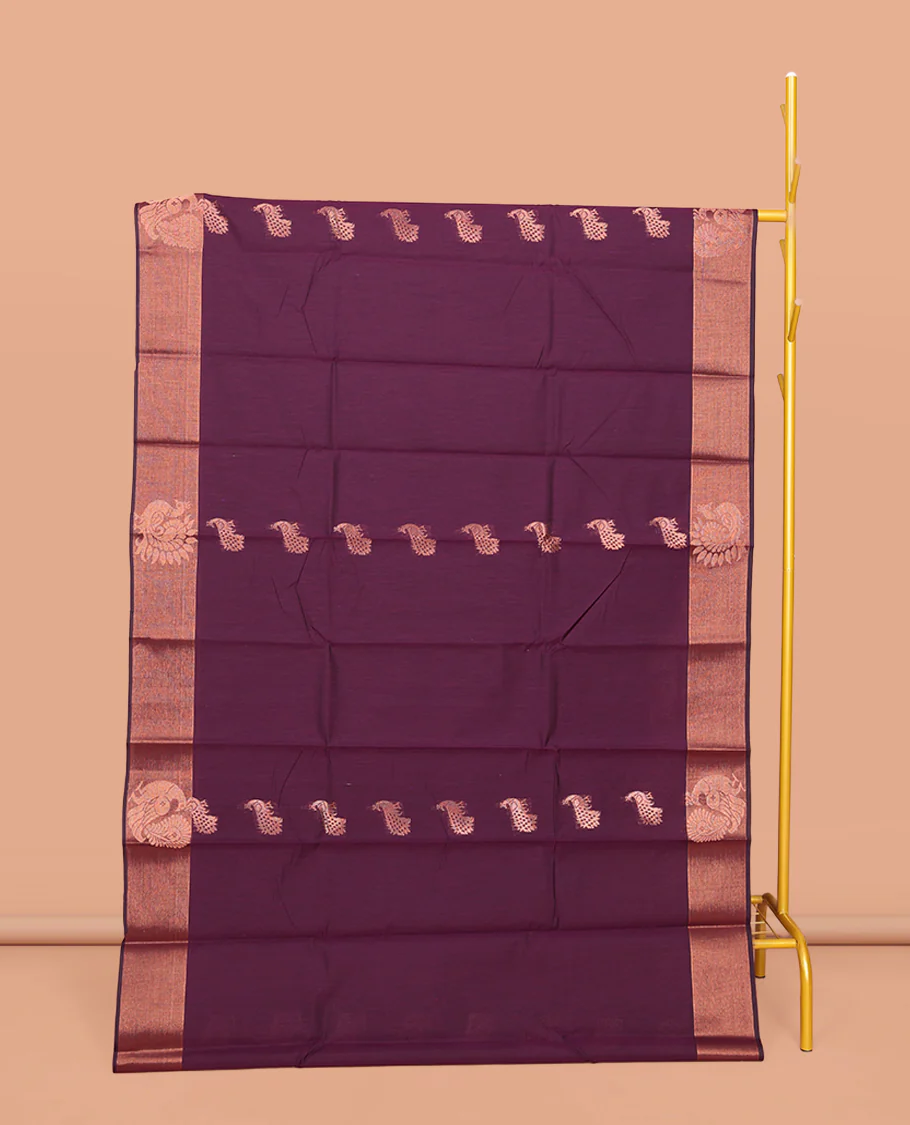 Purple Semi-Silk Cotton Saree, Bedecked with Peacock Buttas All Over Its Body, Highlighted by a Self-Border of Peacocks, Pallu Steeped with Peacock Designs, and Paired with a Matching Blouse