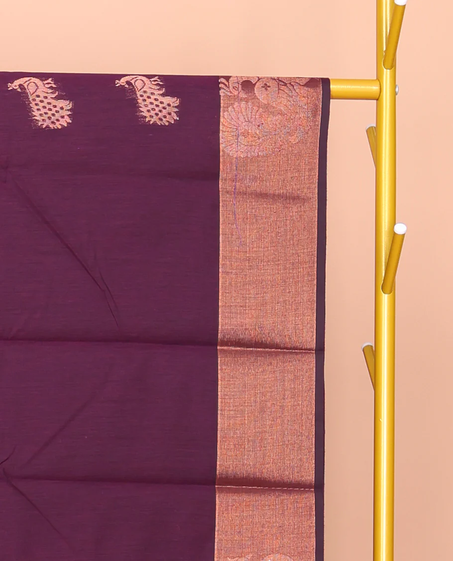 Purple Semi-Silk Cotton Saree, Bedecked with Peacock Buttas All Over Its Body, Highlighted by a Self-Border of Peacocks, Pallu Steeped with Peacock Designs, and Paired with a Matching Blouse - Image 2