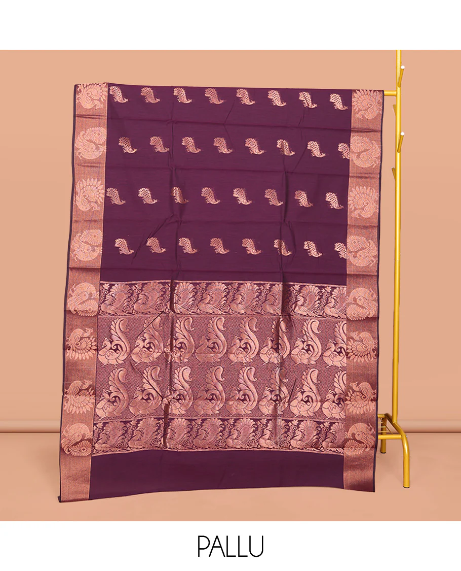Purple Semi-Silk Cotton Saree, Bedecked with Peacock Buttas All Over Its Body, Highlighted by a Self-Border of Peacocks, Pallu Steeped with Peacock Designs, and Paired with a Matching Blouse - Image 3