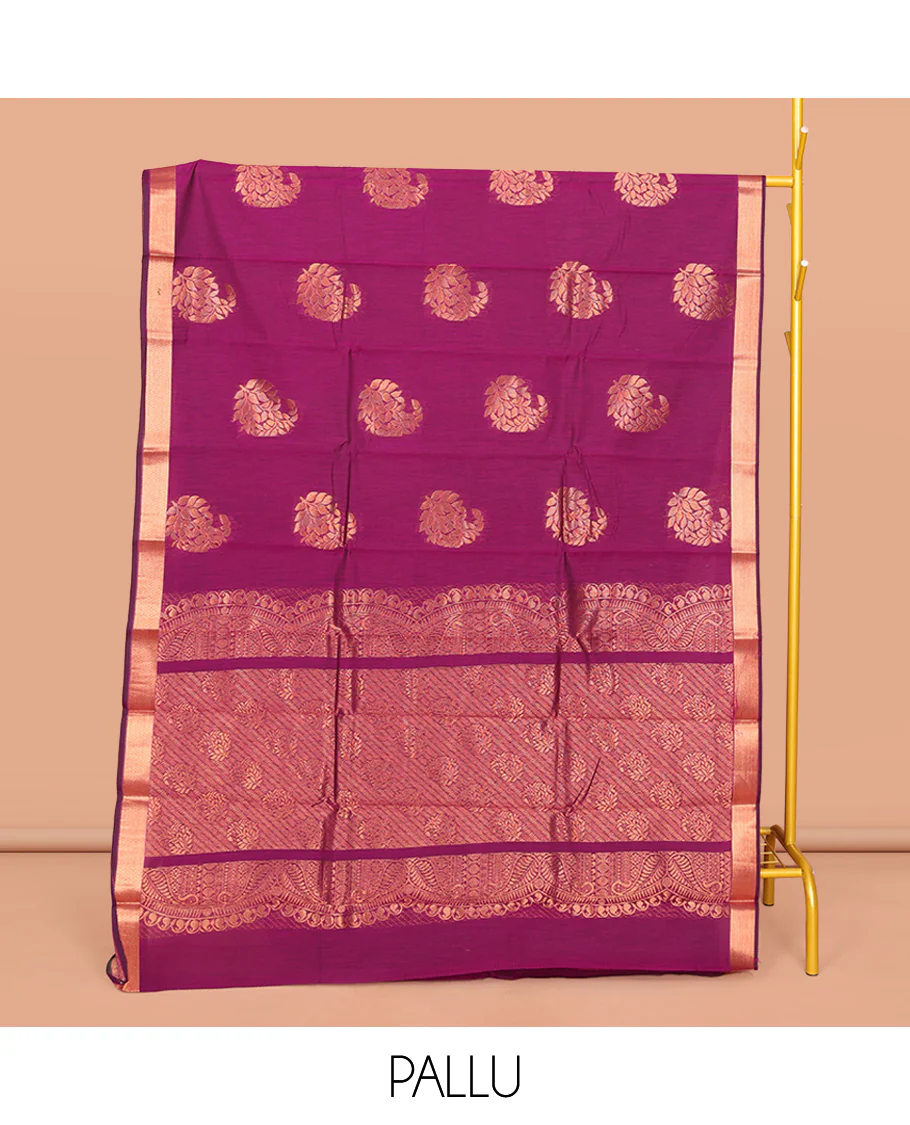 Purple Semi-Silk Cotton Saree, Decorated with Paisley Buttas All Over Its Body, Highlighted by a Zari Border, Pallu with Intricate Designs, and Paired with a Matching Blouse - Image 3