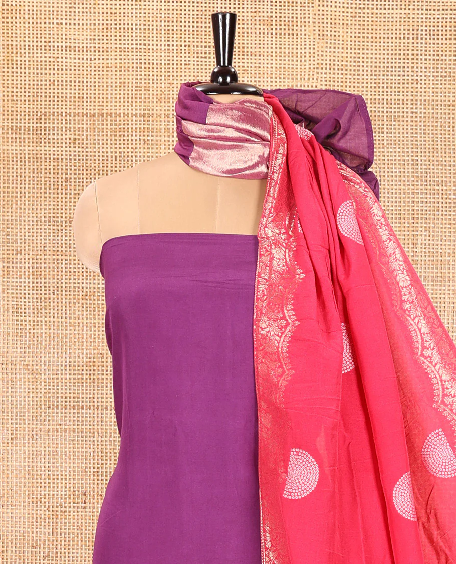 Purple Semi Silk Material Churidar Set, Subtly Made Plain Top, a Plain Santoon Bottom, and Is Paired with a Dual-Colored Bandhani Motifs Semi Silk Dupatta - Image 4