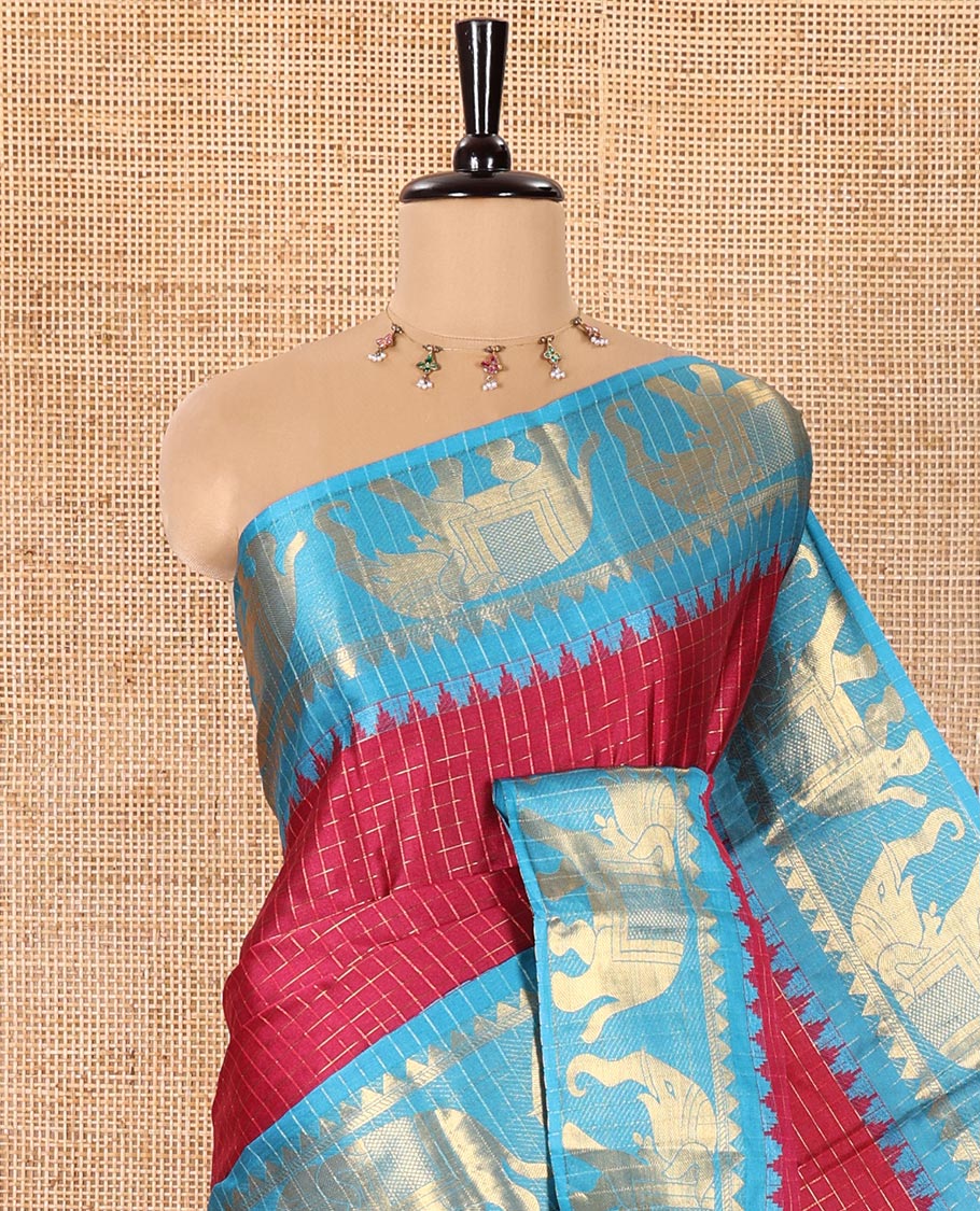 Purple Semi-Taffeta Saree, Accentuated with Medium-Zari Checks All Over Its Body, Complemented by Contrast Temple Border Featuring Elephant Motifs, Contrast Checked Pallu, and Paired with a Matching Blouse - Image 2