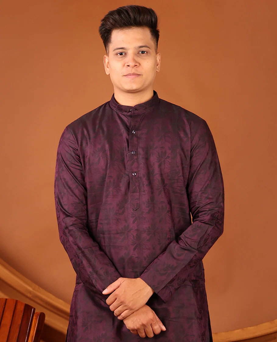 Purple Silhouette-Style Floral Design Print Full-Sleeved Men's Kurta - Image 3