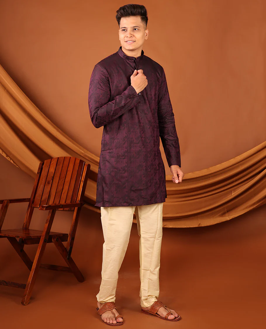 Purple Silhouette-Style Floral Design Print Full-Sleeved Men's Kurta - Image 4