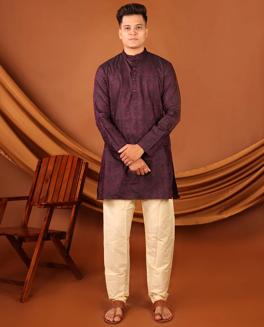 Purple Silhouette-Style Floral Design Print Full-Sleeved Men's Kurta - Image 5