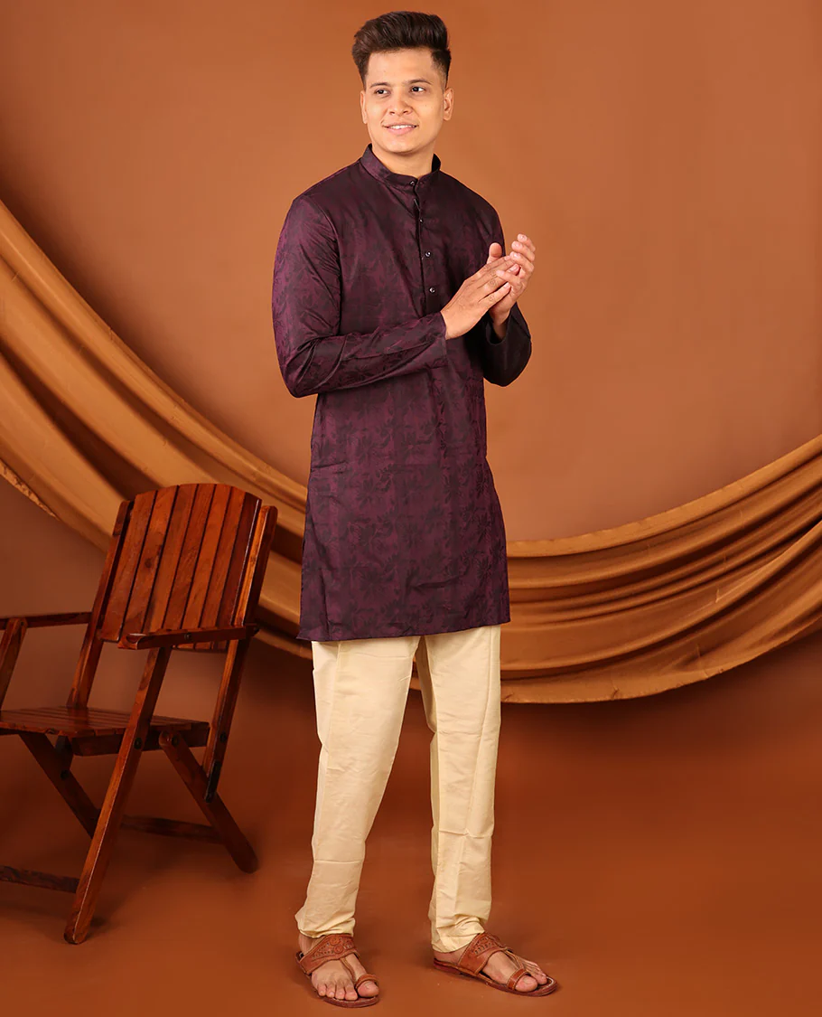 Purple Silhouette-Style Floral Design Print Full-Sleeved Men's Kurta - Image 6