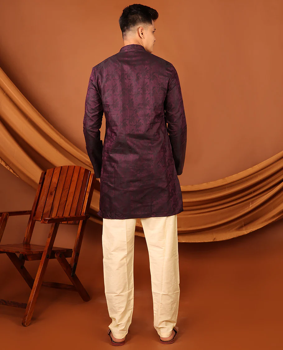 Purple Silhouette-Style Floral Design Print Full-Sleeved Men's Kurta - Image 7