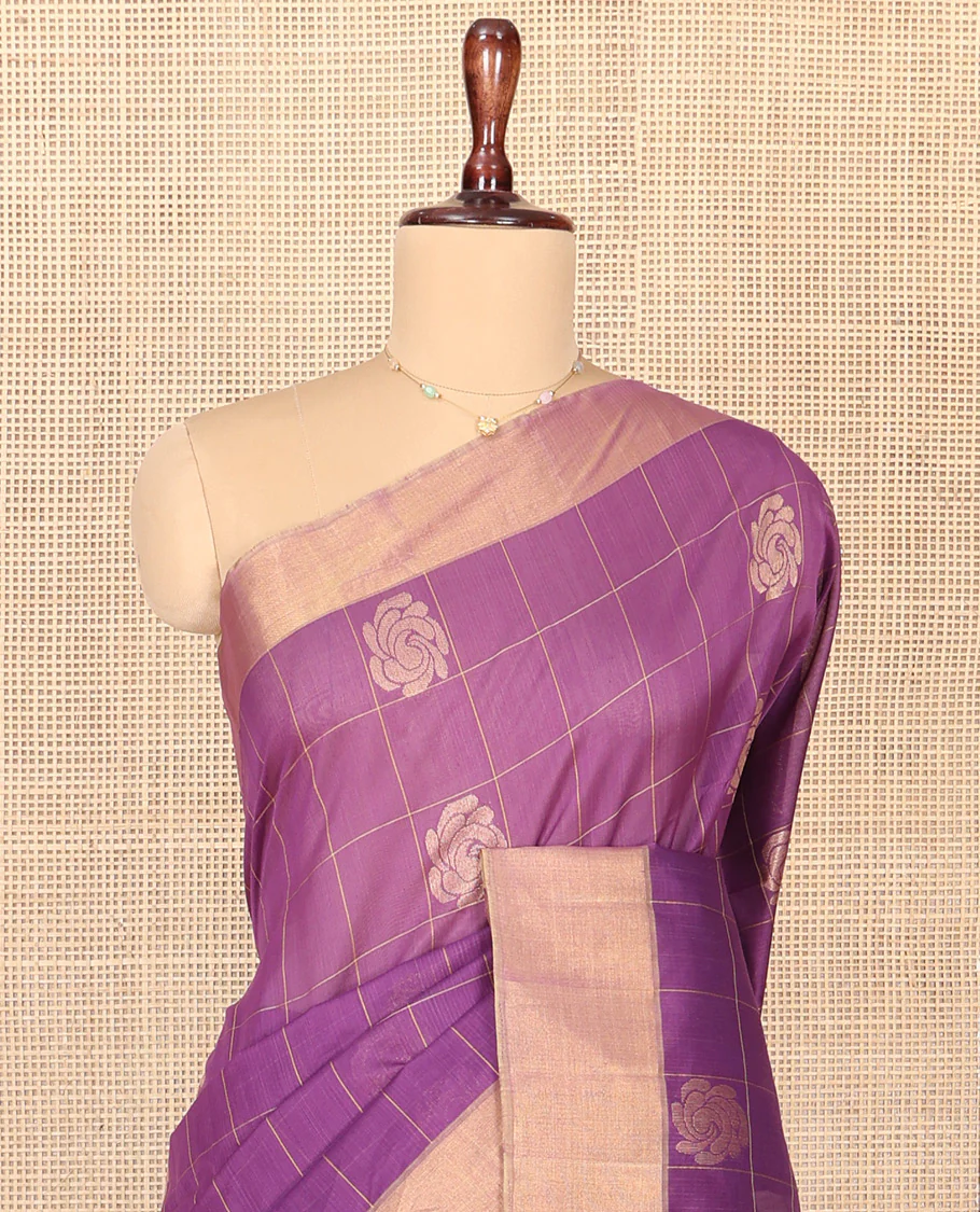 Purple Silk Cotton Saree, Subtly Sparkled With Butta Enclosed Checks On Its Body, Subtle Zari Border, Jaal Pallu and Paired with a Matching Blouse - Image 2