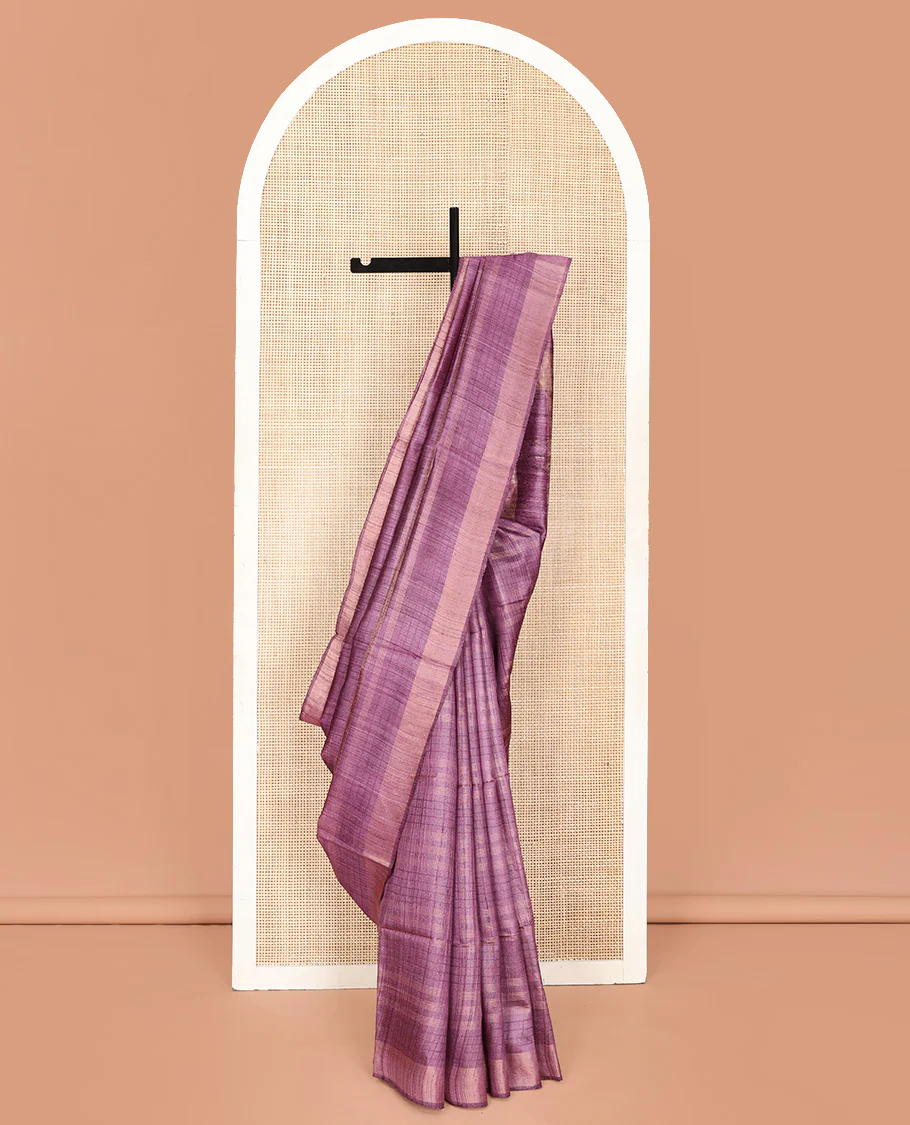 Purple Tussar Saree, Subtly Sparkled with Stripes and Checks, a Subtle Border, Striped Pallu, and a Matching Blouse