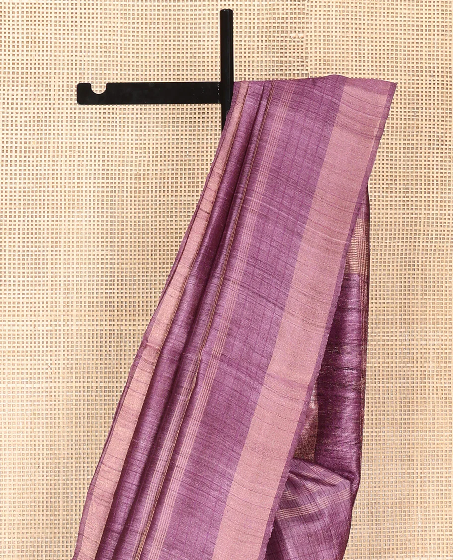 Purple Tussar Saree, Subtly Sparkled with Stripes and Checks, a Subtle Border, Striped Pallu, and a Matching Blouse - Image 2