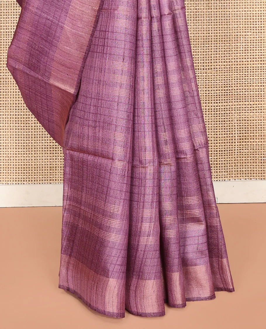 Purple Tussar Saree, Subtly Sparkled with Stripes and Checks, a Subtle Border, Striped Pallu, and a Matching Blouse - Image 3