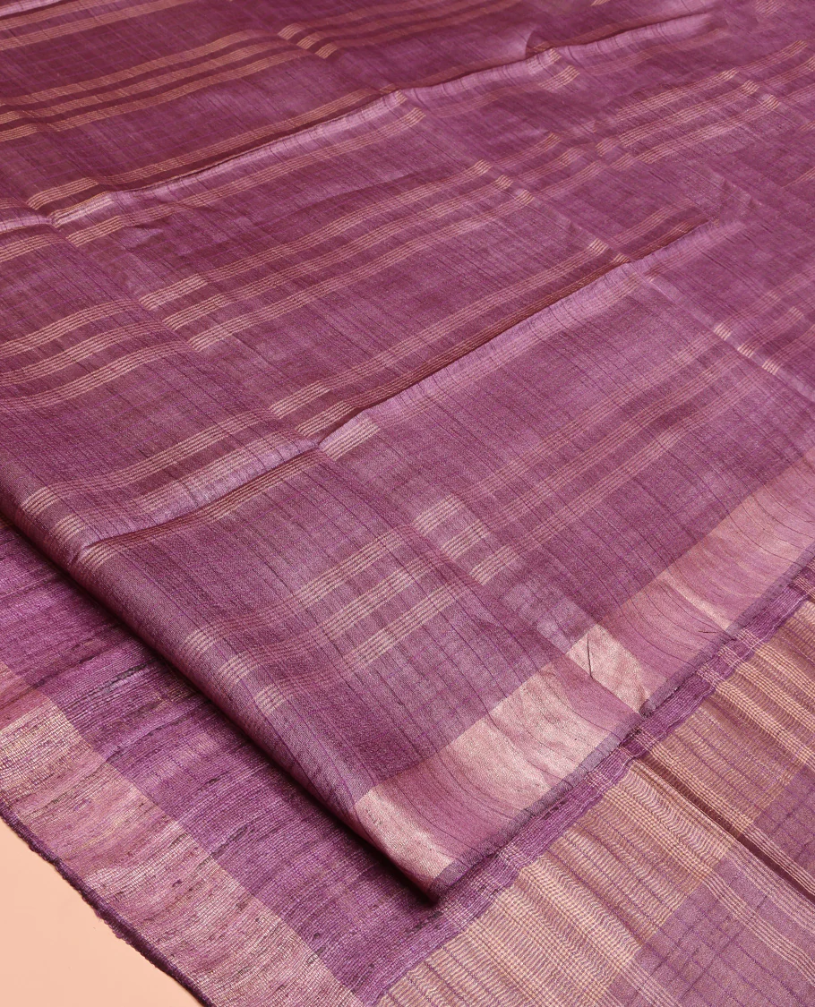 Purple Tussar Saree, Subtly Sparkled with Stripes and Checks, a Subtle Border, Striped Pallu, and a Matching Blouse - Image 4