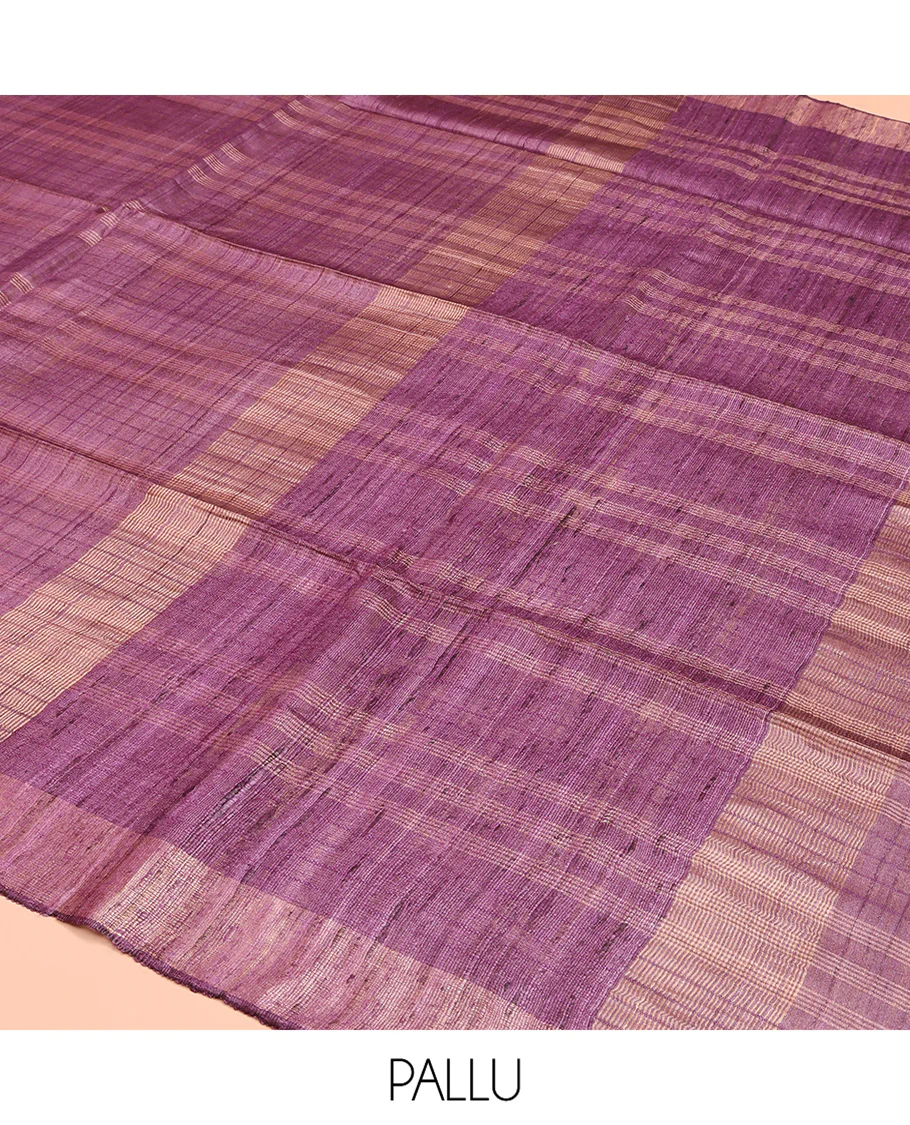 Purple Tussar Saree, Subtly Sparkled with Stripes and Checks, a Subtle Border, Striped Pallu, and a Matching Blouse - Image 5