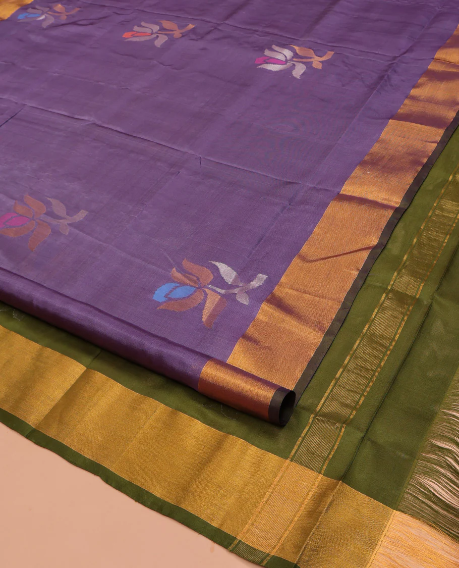 Purple Uppada Silk Saree, Richly Detailed with Floral Meena Buttas All Over Its Body, Subtle Bavanji Border, Complemented by Contrast Pallu of Floral Meena Buttas, and Paired with a Contrast Blouse - Image 2