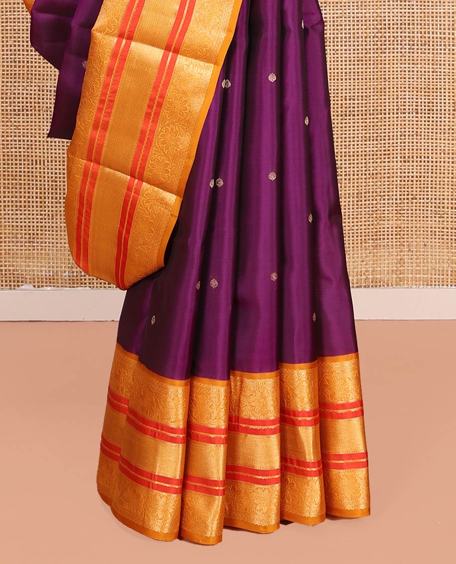 Purple Vasundhara Lite-Silk Mix Saree Decked Up with Zari Buttas on Its Body, Complemented by a Contrast Border of Neli, Muthu, and Kodi Visiry Designs, Pallu Spotlighted with Jaal Designs, and Paired with a Contrast Blouse - Image 4