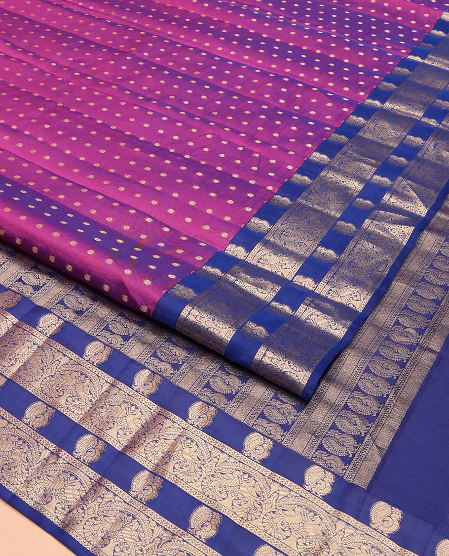 Purple Vasundhara Lite-Silk Mix Saree, Decorated with Buttas All Over Its Body, Complemented by a Contrast Border Steeped with Mayil Designs, Grandly Pallu of Mayil Designs, and Paired with a Contrast Blouse - Image 3