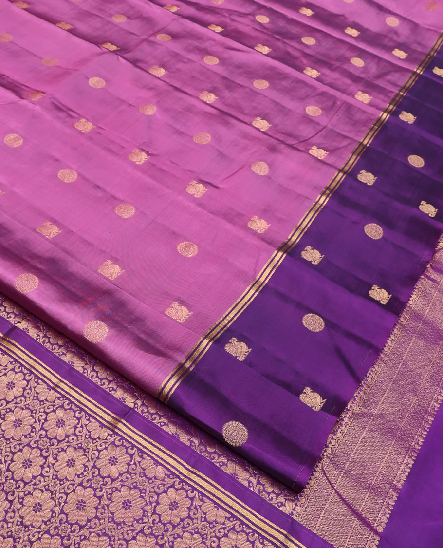 Purple Vasundhara Lite Silk Mix Saree, Elegantly Designed with Mayil and Chakram Buttas  On Its Body, Complemented by Contrast Border of Mayil and Chakram Designs, Floral Design Pallu and Paired with a Contrast Blouse - Image 2