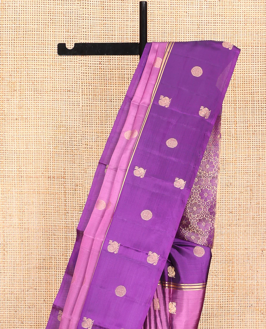 Purple Vasundhara Lite Silk Mix Saree, Elegantly Designed with Mayil and Chakram Buttas  On Its Body, Complemented by Contrast Border of Mayil and Chakram Designs, Floral Design Pallu and Paired with a Contrast Blouse - Image 3