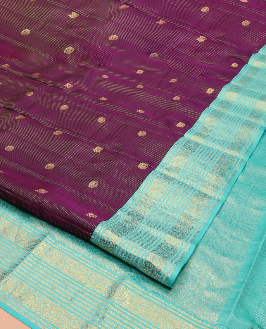 Purple Vasundhara Lite Silk Mix Saree, Elevated with Mayil-Chakram Buttas and Zari Stripes on Its Body, Complemented by a Contrast Traditional Zari Design Border, Grand Jaal Pallu, and Paired with a Contrast Blouse - Image 2