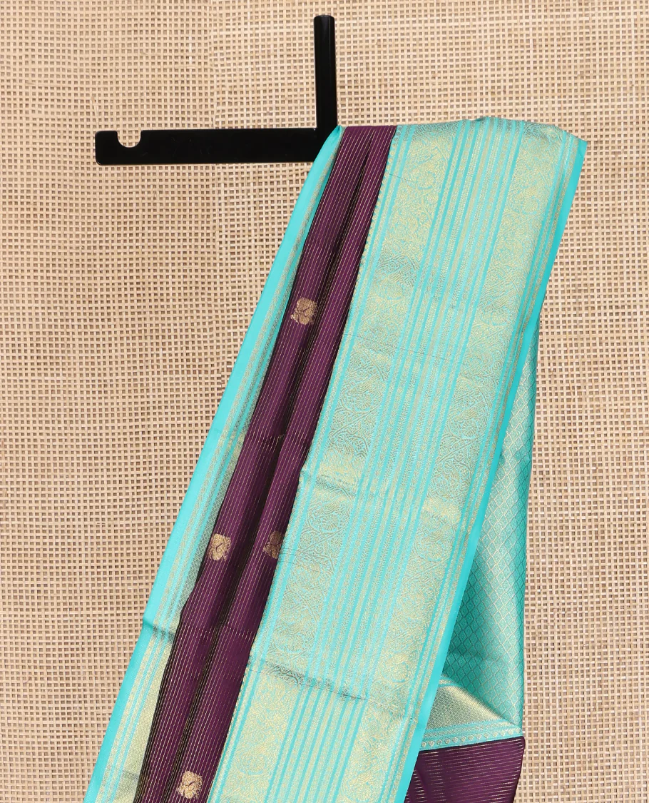 Purple Vasundhara Lite Silk Mix Saree, Elevated with Mayil-Chakram Buttas and Zari Stripes on Its Body, Complemented by a Contrast Traditional Zari Design Border, Grand Jaal Pallu, and Paired with a Contrast Blouse - Image 3