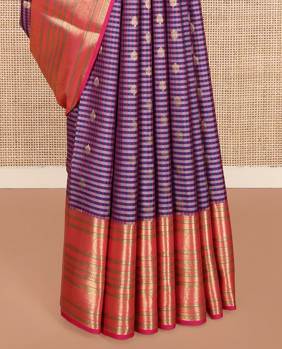 Purple Vasundhara Lite Silk Mix Saree, Mesmerized with Checks and Zari Buttas on Its Body, Complemented by a Contrast Border of Rekku, Muthu, Mayil Kann, and Chakram Designs, Intricately Designed Pallu, and Paired with a Contrast Blouse - Image 4