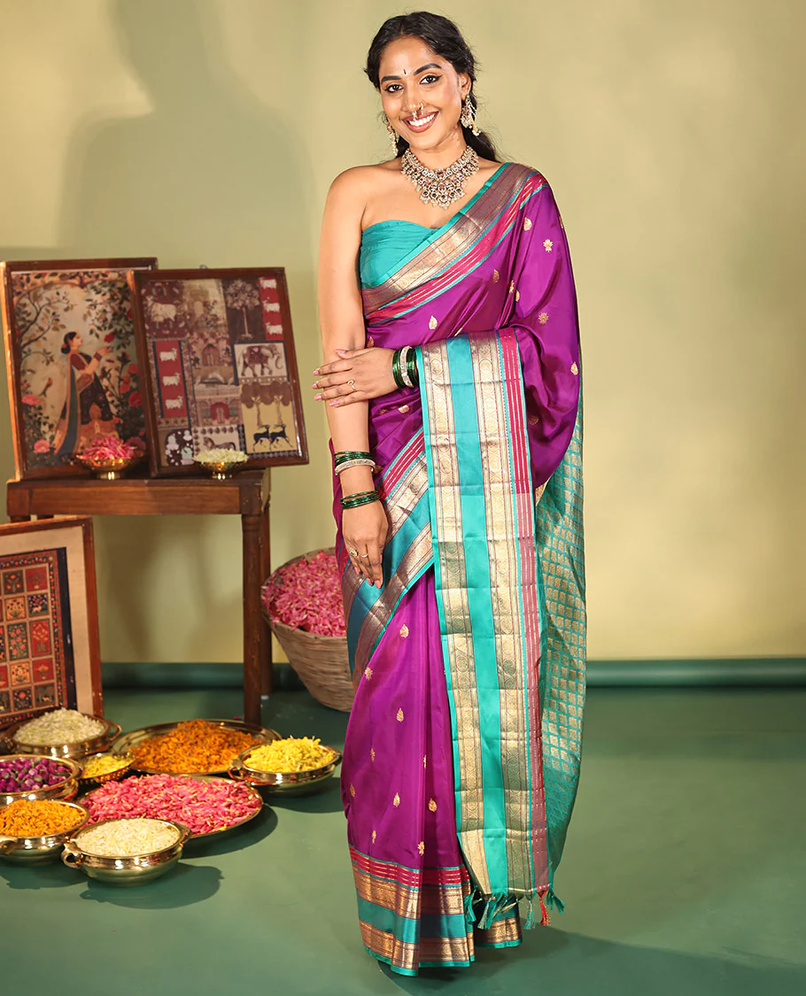 Purple Vasundhara Silk Saree, Beautifully Bedecked with Kamalam Buttas on Its Body, Complemented by a Captivating Contrast Border of Muthu, Chakram, and Mayil Kann Designs, Grand Jaal Pallu, and Paired with a Contrast Blouse - Image 5