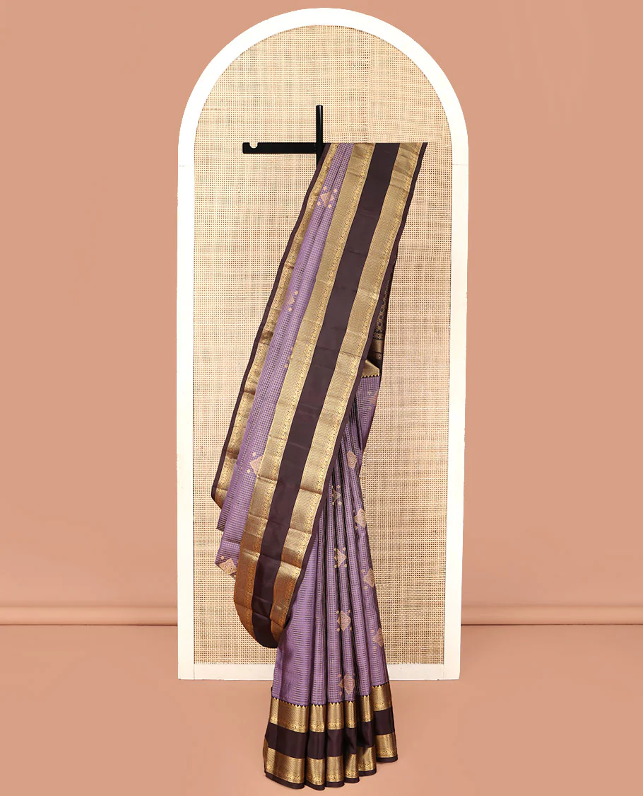 Purple Vasundhara Silk Saree, Bedecked with Zari Buttas and Micro-Checked Design All Over Its Body, Complemented by a Contrast Border of Rekku, Neli, Mayil Kann, and Kodi Visiry Designs, Gleaming Zari Pallu, and Paired with a Contrast Blouse
