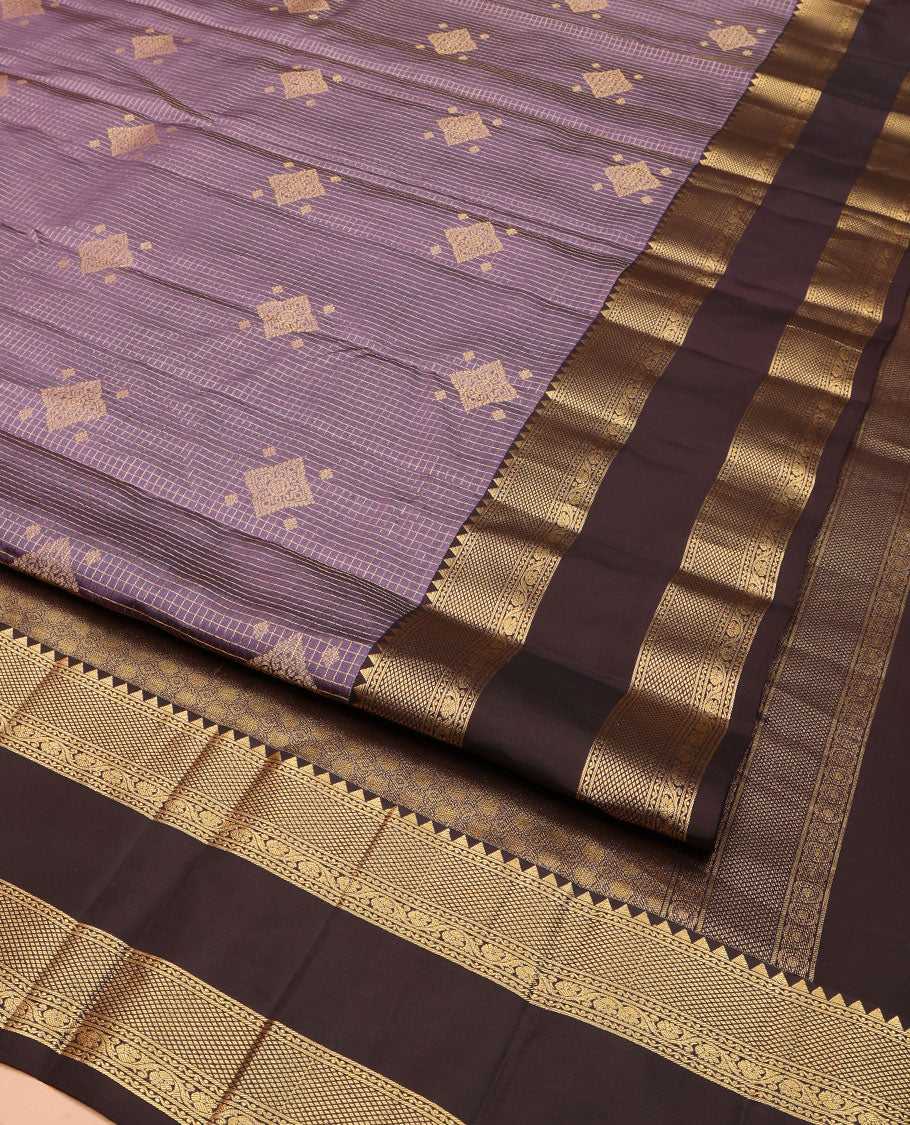 Purple Vasundhara Silk Saree, Bedecked with Zari Buttas and Micro-Checked Design All Over Its Body, Complemented by a Contrast Border of Rekku, Neli, Mayil Kann, and Kodi Visiry Designs, Gleaming Zari Pallu, and Paired with a Contrast Blouse - Image 2