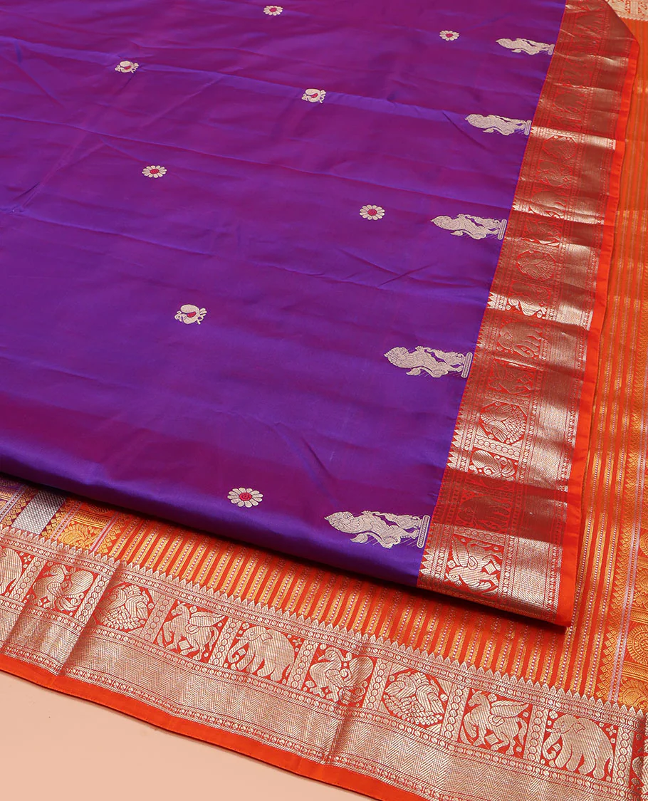 Purple Vasundhara Silk Saree, Embellished with Meena Buttas and Singam Buttas  All Over Its Body, Complemented by Contrast Border of Rekku, Banaras, Yaanai, Mayil, and Vanki Designs, Pallu of Muthu Designs, and Paired with a Contrast Blouse - Image 2
