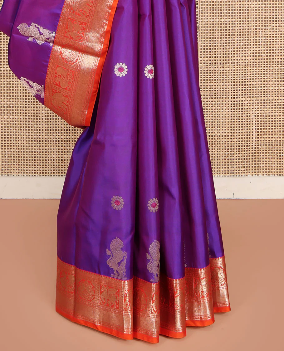 Purple Vasundhara Silk Saree, Embellished with Meena Buttas and Singam Buttas  All Over Its Body, Complemented by Contrast Border of Rekku, Banaras, Yaanai, Mayil, and Vanki Designs, Pallu of Muthu Designs, and Paired with a Contrast Blouse - Image 4