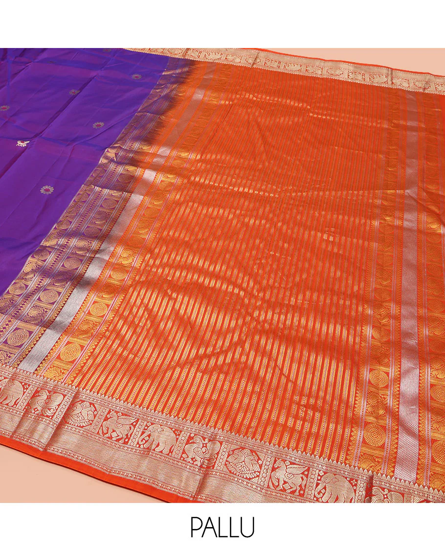 Purple Vasundhara Silk Saree, Embellished with Meena Buttas and Singam Buttas  All Over Its Body, Complemented by Contrast Border of Rekku, Banaras, Yaanai, Mayil, and Vanki Designs, Pallu of Muthu Designs, and Paired with a Contrast Blouse - Image 5