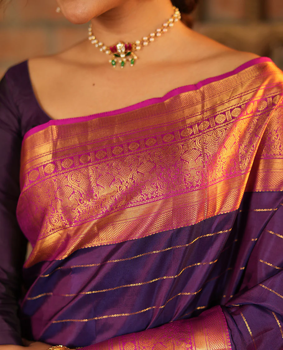Purple Vasundhara Silk Saree, Enriched with Neli Stripes On Its Body, Complemented by Captivating Contrast Border of Mayil Kann, Vanki, Iru Thalaipakshi, Chakram, and Neli Designs, Grand Pallu, and Paired with a Contrast Blouse - Image 2