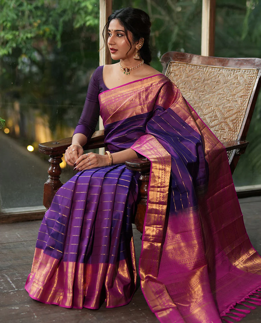 Purple Vasundhara Silk Saree, Enriched with Neli Stripes On Its Body, Complemented by Captivating Contrast Border of Mayil Kann, Vanki, Iru Thalaipakshi, Chakram, and Neli Designs, Grand Pallu, and Paired with a Contrast Blouse - Image 3
