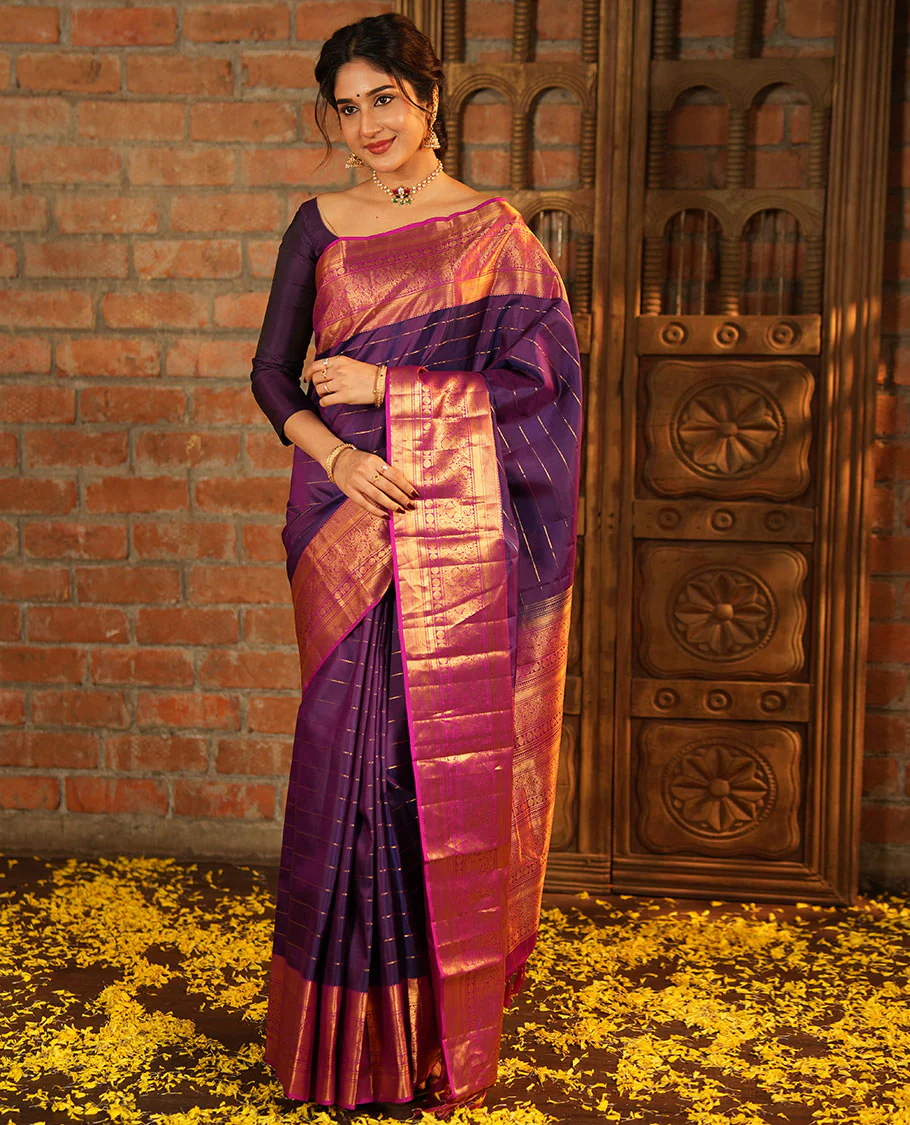 Purple Vasundhara Silk Saree, Enriched with Neli Stripes On Its Body, Complemented by Captivating Contrast Border of Mayil Kann, Vanki, Iru Thalaipakshi, Chakram, and Neli Designs, Grand Pallu, and Paired with a Contrast Blouse - Image 4