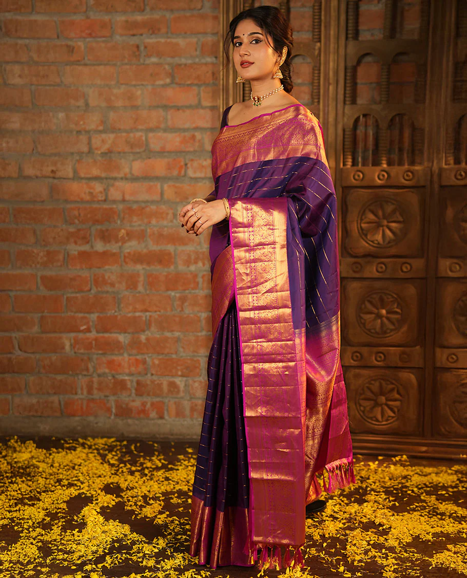 Purple Vasundhara Silk Saree, Enriched with Neli Stripes On Its Body, Complemented by Captivating Contrast Border of Mayil Kann, Vanki, Iru Thalaipakshi, Chakram, and Neli Designs, Grand Pallu, and Paired with a Contrast Blouse - Image 5