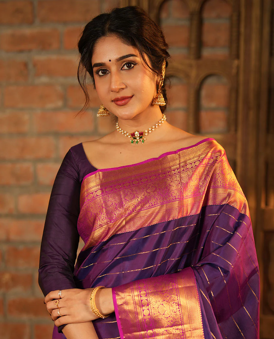 Purple Vasundhara Silk Saree, Enriched with Neli Stripes On Its Body, Complemented by Captivating Contrast Border of Mayil Kann, Vanki, Iru Thalaipakshi, Chakram, and Neli Designs, Grand Pallu, and Paired with a Contrast Blouse - Image 6