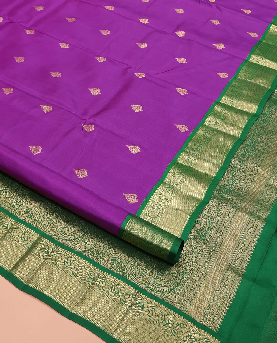 Purple Vasundhara Silk Saree, Ornamented with Zari Buttas All Over Its Body, Complemented by a Contrast Border of Rekku, Muthu, and Kodi Visiry Designs, Grand Pallu Steeped with Manga Designs, and Paired with a Contrast Blouse - Image 2
