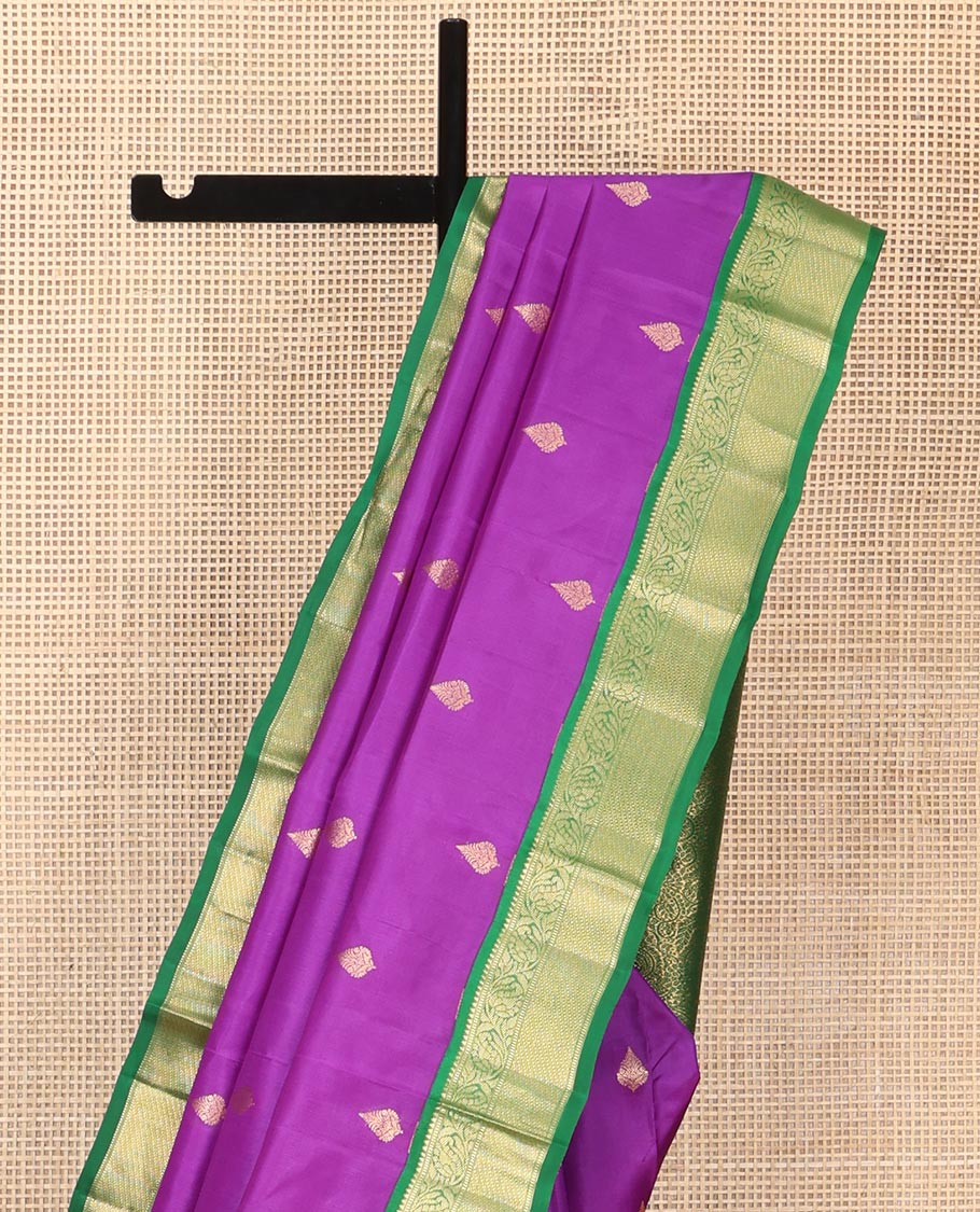 Purple Vasundhara Silk Saree, Ornamented with Zari Buttas All Over Its Body, Complemented by a Contrast Border of Rekku, Muthu, and Kodi Visiry Designs, Grand Pallu Steeped with Manga Designs, and Paired with a Contrast Blouse - Image 3
