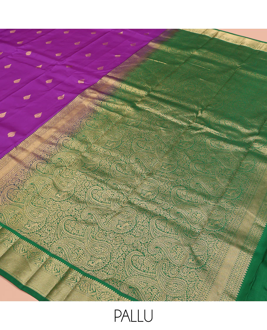 Purple Vasundhara Silk Saree, Ornamented with Zari Buttas All Over Its Body, Complemented by a Contrast Border of Rekku, Muthu, and Kodi Visiry Designs, Grand Pallu Steeped with Manga Designs, and Paired with a Contrast Blouse - Image 5