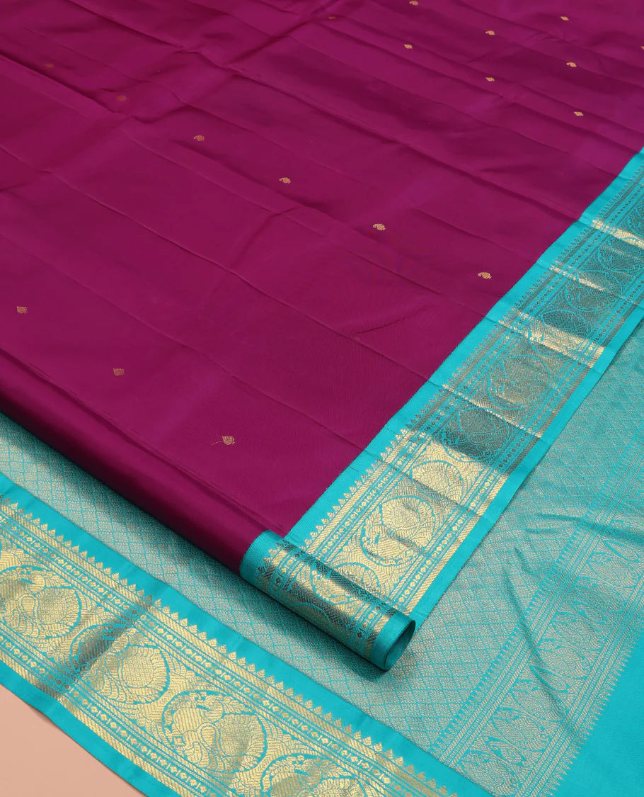 Purple Vasundhara Silk Saree, Subtly Sparkled With Zari Buttas All Over Its Body, Complemented by Zari Buttas All Over Its Body, Complemented by Contrast Border of Thilakam, Banaras, and Mayil Designs Grand Jaal Pallu and Paired with a Contrast Blouse - Image 2